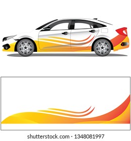 White car wrap with a orange wave graphic design. file is editable and ready to print