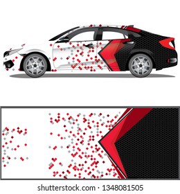 White car wrap with a spark red graphic design, file is editable and ready to print