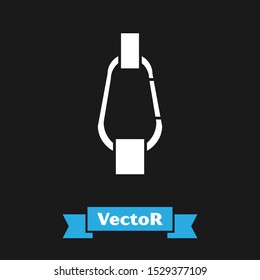 White Carabiner icon isolated on black background. Extreme sport. Sport equipment.  Vector Illustration