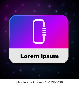 White Carabiner icon isolated on black background. Extreme sport. Sport equipment. Rectangle color button. Vector Illustration