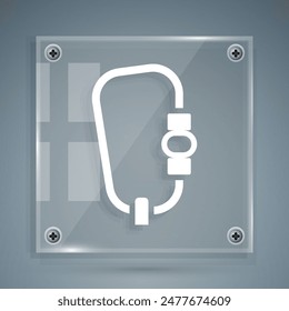 White Carabiner icon isolated on grey background. Extreme sport. Sport equipment. Square glass panels. Vector