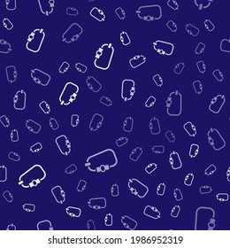 White Carabiner icon isolated seamless pattern on blue background. Extreme sport. Sport equipment.  Vector