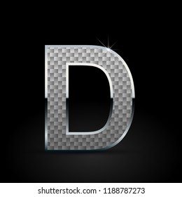White carbon fiber letter D uppercase. Carbon vector font with chrome outline isolated on black background