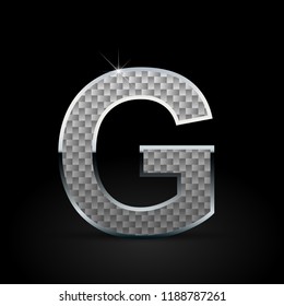 White carbon fiber letter G uppercase. Carbon vector font with chrome outline isolated on black background