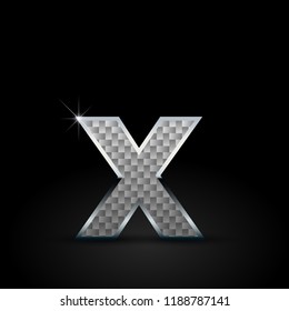 White carbon fiber letter X lowercase. Carbon vector font with chrome outline isolated on black background