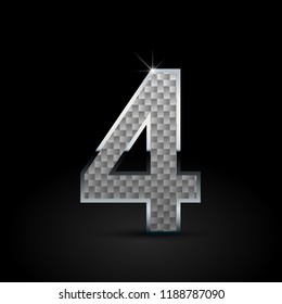 White carbon fiber number 4. Carbon vector font with chrome outline isolated on black background