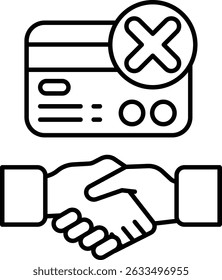 A white card with a black border and a black and white image of two hands shaking. The image is accompanied by the words "X" and "No" in black