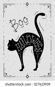 White card and cat Halloween theme  Vector poster for the party