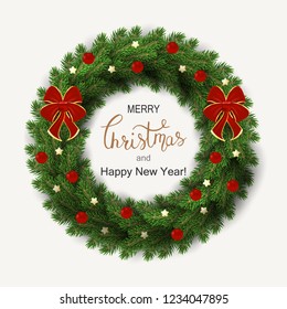 White card with Christmas green wreath. Vector illustration.