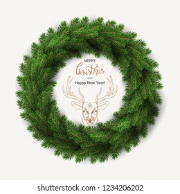White card with Christmas green wreath. Vector illustration.
