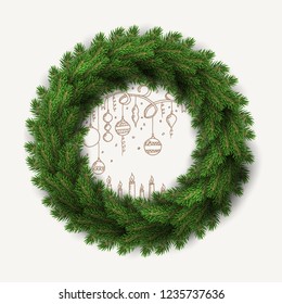 White card with Christmas green wreath. Vector illustration.