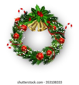 White card with Christmas wreath bells holly and bow isolated on white