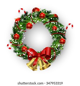 White card with Christmas wreath and bow and bells isolated on white
