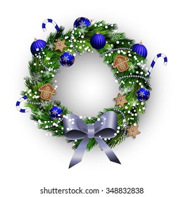 White card with Christmas wreath and bow isolated on white