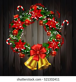 White card with Christmas wreath and bow and bells isolated on white background with poinsettia on wooden wall