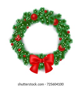 White card with Christmas wreath and bow. Vector illustration.