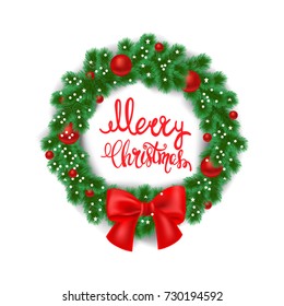 White card with Christmas wreath and bow. Vector illustration. Merry christmas lettering