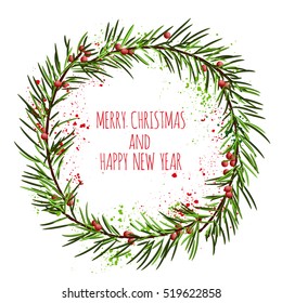 White card with Christmas wreath and red berries. Vector illustration.