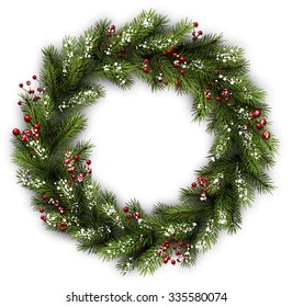 White card with Christmas wreath. Vector paper illustration.