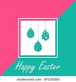 White card with Easter eggs on pink-blue background. Vector illustration.