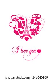 White card with heart with Eiffel Tower, champagne and ring