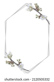 A white card, with a hexagonal frame depicting cherry blossom sprigs painted on the edges.
