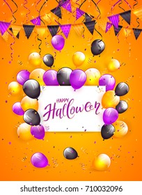 White card with lettering Happy Halloween on orange background with multicolored balloons, pennants, streamers and confetti, illustration.