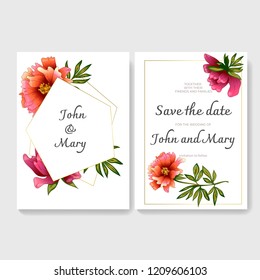 White card peony of the flower vector. Wedding background card floral decorative border. Thank you, rsvp, invitation elegant card illustration graphic set banner. 