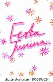 white card with pink lettering of the name of the holiday Festa Junina in Porto. white background with flowers and pink letters.