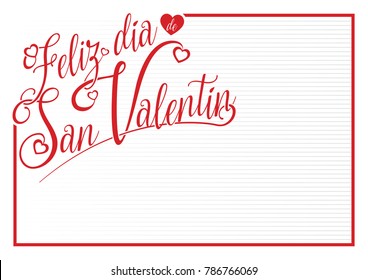 White card with red border with the message FELIZ DIA DE SAN VALENTIN - Happy Valentine's Day in Spanish language - in red letters