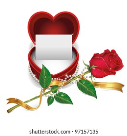 White Card in Red Velvet Box and Beautiful Roses with Pearl Necklet (vector). jpg version also available.