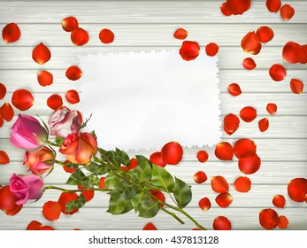 White card with roses on a white wooden background. Valentines Day concept. EPS 10 vector file included