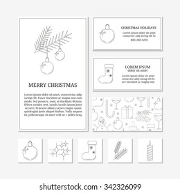 White card templates with outline linear Christmas icons.