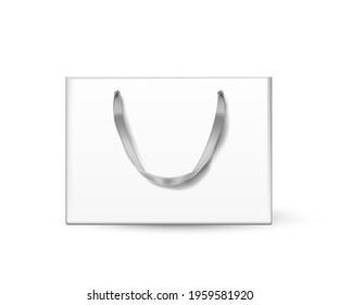 White cardboard bag. Blank gift or shopping package with ribbon handle vector illustration. Realistic commercial store carton bag isolated on white background.