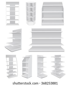 White Cardboard Blank Empty Displays With Shelves Products.