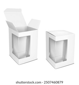 White cardboard box with clear plastic window and tuck-in flap. Open and closed. 3d mockup. Empty transparent paperboard container packaging. Realistic vector mock-up. Template for design