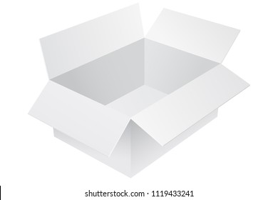 White cardboard box. Empty open container. Vector 3d illustration isolated on white background