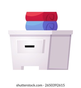 White cardboard box with folded and stacked red and blue towels vector flat illustration. Cartoon stuff basement coffer storage, carton container isolated on white background