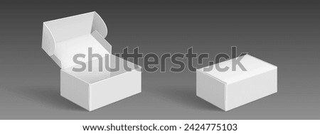 White cardboard box mockup set isolated on gray background. Vector realistic illustration of open and closed carton packages, mail delivery, gift packaging, parcel with blank surface, isometric view