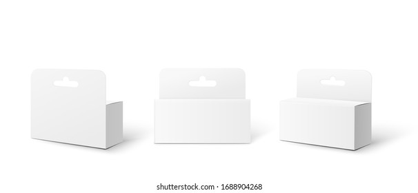 Paquete de caja de cartón blanco con pestaña colgante - conjunto de maquetas realistas de productos de venta al por menor con retención colgante desde la vista frontal, lateral y trasera.Ilustración vectorial aislada.