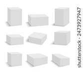 White cardboard box set. 3d blank medicine package medical product square box mockups container packages isolated vector illustration