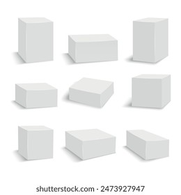 White cardboard box set. 3d blank medicine package medical product square box mockups container packages isolated vector illustration