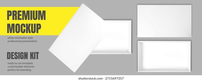 White cardboard box top view with open package mockup and realistic shadow. 3d rectangle gift container empty inside and paper cover perspective. Vector lid mock up isolated on transparent background.