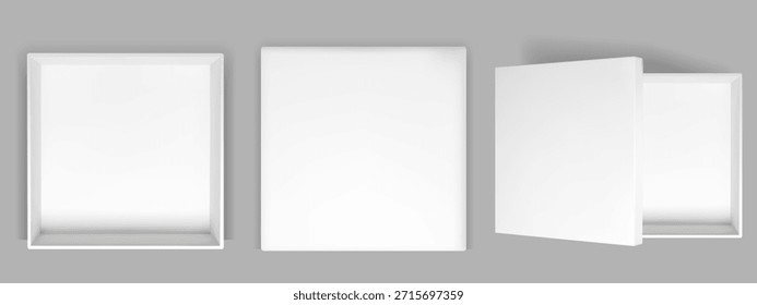 caixa de papelão branco vista superior mock up. Abrir pacote quadrado com sombra interna. Realista 3d mistério cubo presente mockup com interior vazio e perspectiva de capa de papel em branco. Segredo vetorial isolado.