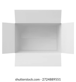 Caja de cartón blanco, vista superior, con tapa abierta, maqueta Horizontal, forma rectangular. Concepto para embalaje, entrega, almacenamiento y compras en línea. Vector realista. Fondo aislado.