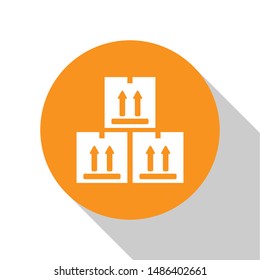 White Cardboard box with traffic symbol icon isolated on white background. Box, package, parcel sign. Delivery, transportation and shipping. Orange circle button. Vector Illustration