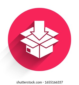 White Cardboard box with traffic symbol icon isolated with long shadow. Box, package, parcel. Delivery, transportation and shipping. Red circle button. Vector Illustration
