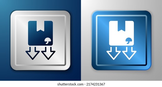 White Cardboard box with traffic symbol icon isolated on blue and grey background. Box, package, parcel sign. Delivery, transportation and shipping. Silver and blue square button. Vector