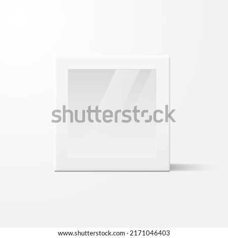 White cardboard box with transparent window. Realistic blank paper empty box with shadow. Mockup template design for food, gift, electronics. Front view. Retail product package. 3d vector illustration