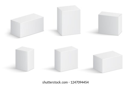 White cardboard boxes. Blank medicine package in different sizes. Medical product square box 3d vector isolated mockups
